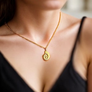 May include: A gold chain necklace with a gold pendant shaped like a nautilus shell. The necklace is worn by a person with long brown hair.