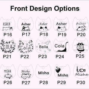 May include: A grid of fifteen cat-shaped pet tags labeled P16 through P30, featuring black line art designs and names like Asher, Cola, Bella, and Misha. Each tag includes a hole for attachment and various cat illustrations, patterns, and fonts.