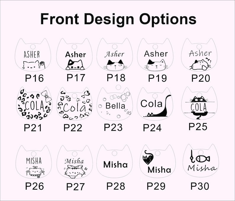 May include: A grid of fifteen cat-shaped pet tags labeled P16 through P30, featuring black line art designs and names like Asher, Cola, Bella, and Misha. Each tag includes a hole for attachment and various cat illustrations, patterns, and fonts.