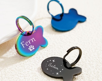 Etiqueta de identificación personalizada para gato y pez: etiqueta grabada para mascota, collar para mascota pequeña, etiqueta para gato, etiqueta con nombre de gato grabada personalizada, etiqueta para collar de gato, etiquetas con nombre de gato para collar