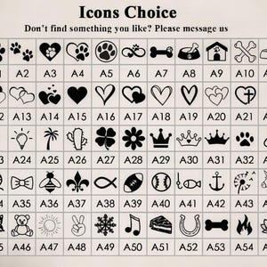 May include: A grid of black and white icons, including paw prints, hearts, and symbols. The text "Icons Choice" and "Don't find something you like? Please message us" are at the top.