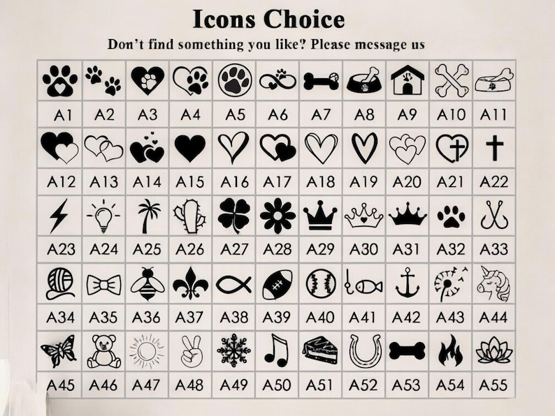 May include: A grid of black and white icons, including paw prints, hearts, and symbols. The text "Icons Choice" and "Don't find something you like? Please message us" are at the top.