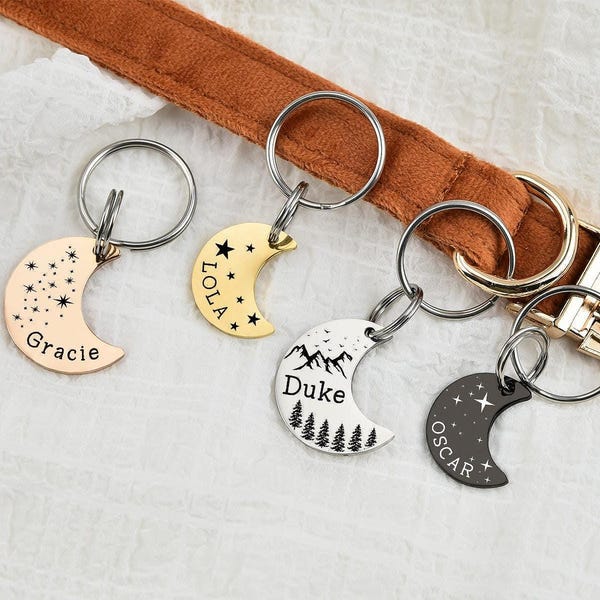 Personalized Moon Pet Tag: Custom Dog Cat ID Tag,Cat ID Tag - Cat Collar Tag - Moon Pet Name Tags - Pet Gifts - Moon and Stars,half moon tag