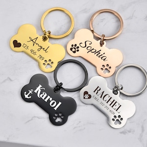 Hollow Paw Bone Dog ID Tag, Dog ID Tag, Bone Dog Tag, Dog Tag with Address/Phone, Engraved Dog Tag,Rose Gold Black Silver Dog Tag Pet Id Tag