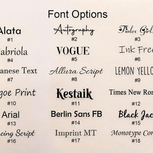 May include: A cream-colored background displays a list of 18 font options. Each font is shown with its name and a corresponding number. Font styles include Alata, Autography, Fiolex Girls, Gabriola, Vogue, Ink Free, Javanese Text, Allura Script, Lemon Yellow, Segoe Print, Kestaik, Times New Roman, Arial, Berlin Sans FB, Black Jack, Dancing Script, Imprint MT, and Monotype Corsiva.