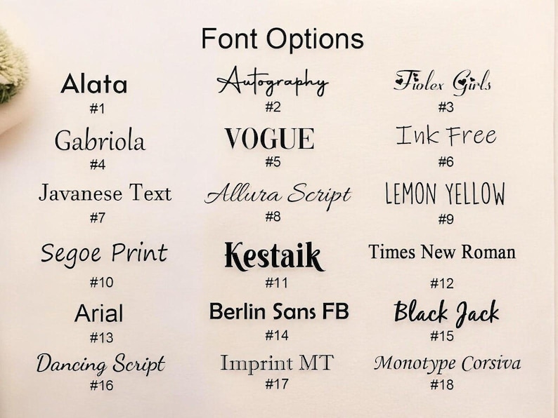 May include: A cream-colored background displays a list of 18 font options. Each font is shown with its name and a corresponding number. Font styles include Alata, Autography, Fiolex Girls, Gabriola, Vogue, Ink Free, Javanese Text, Allura Script, Lemon Yellow, Segoe Print, Kestaik, Times New Roman, Arial, Berlin Sans FB, Black Jack, Dancing Script, Imprint MT, and Monotype Corsiva.