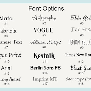May include: A chart titled Font Options displaying eighteen distinct black typeface styles arranged in a grid. Each font is labeled with a corresponding number from 1 to 18, including names like Alata, Autography, Fiolex Girls, Gabriola, VOGUE, Ink Free, Javanese Text, Allura Script, LEMON YELLOW, Segoe Print, Kestaik, Times New Roman, Arial, Berlin Sans FB, Black Jack, Dancing Script, Imprint MT, and Monotype Corsiva.