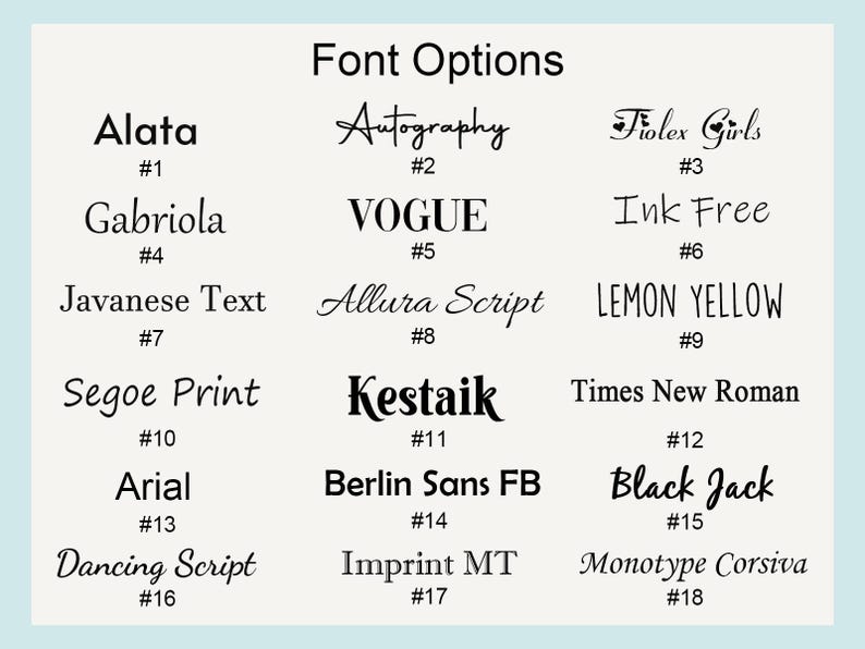 May include: A chart titled Font Options displaying eighteen distinct black typeface styles arranged in a grid. Each font is labeled with a corresponding number from 1 to 18, including names like Alata, Autography, Fiolex Girls, Gabriola, VOGUE, Ink Free, Javanese Text, Allura Script, LEMON YELLOW, Segoe Print, Kestaik, Times New Roman, Arial, Berlin Sans FB, Black Jack, Dancing Script, Imprint MT, and Monotype Corsiva.