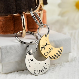 Celestial Moon & Stars huisdier-ID-tag - gepersonaliseerde gegraveerde hondenhalsband bedel - duurzaam roestvrij staal aangepast huisdier naamplaatje cadeau-maanlabel
