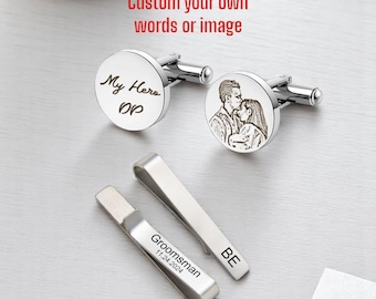 Engraved Cufflinks and Tie Clip Set: Personalized Groomsmen Gift, USA Made