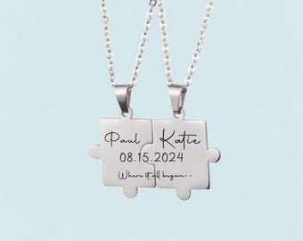 Personalized Puzzle Piece Couple Necklace: Engraved Initial Stainless Steel