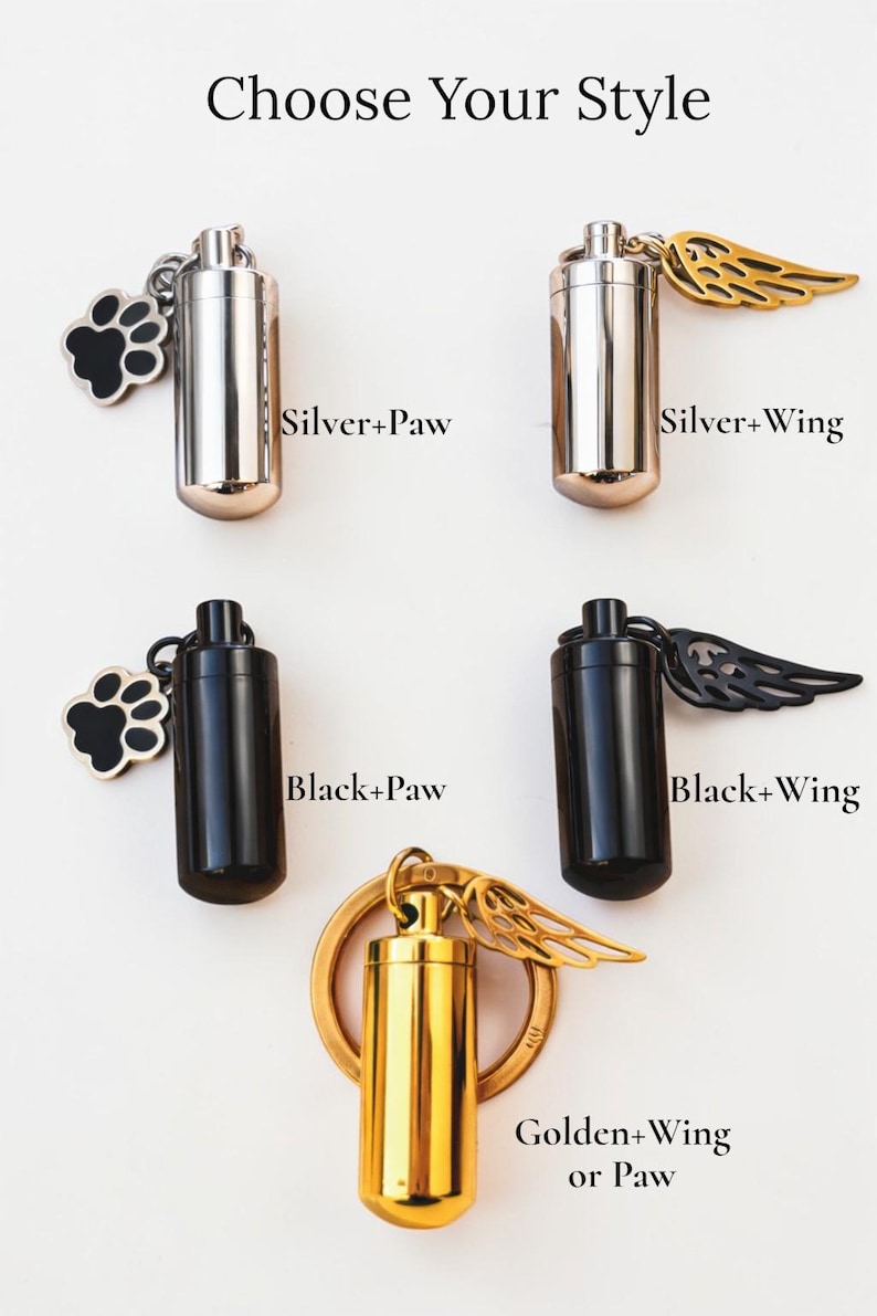 May include: Image features several small, cylindrical urns in silver, black, and gold. Some have paw print or wing charms. Text reads "Choose Your Style" with options like "Silver+Paw" and "Golden+Wing or Paw."