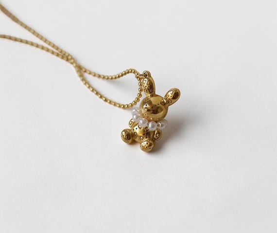 Cute Bunny Necklace Gold, Small Rabbit Pendant with Pearl, Minimalist Jewelry Gift for Women, Dainty Necklace Under 30