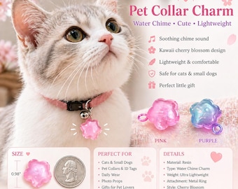 Dog Collar Charm, Cat Collar Charm, Cute Pet Tag Accessory, Kawaii Heart Charm, Cherry Blossom Bell Charm, Small Pet Gift,Cute Collar Charm