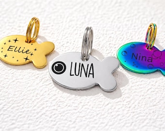 Etiqueta de identificación personalizada para gato y pez: etiqueta grabada para mascota, collar para mascota pequeña, etiqueta para gato, etiqueta con nombre de gato grabada personalizada, etiqueta para collar de gato, etiquetas con nombre de gato para collar