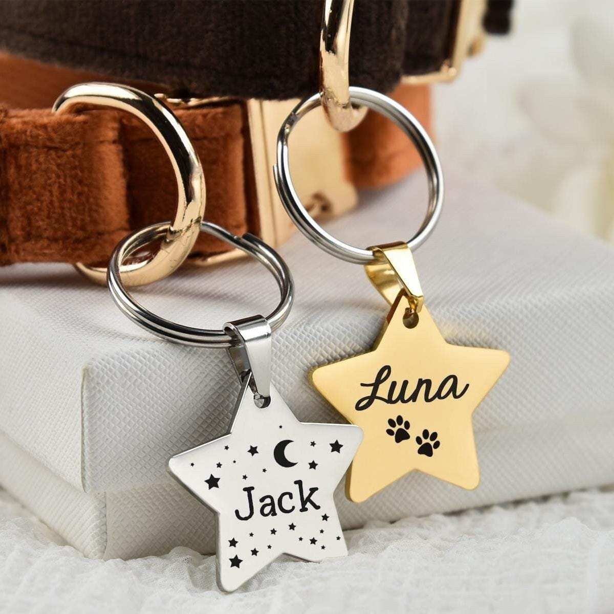 Personalized Star Pet ID Tag - Deep Engraved Double Sided & Engraving Will Last Dog ID Tag Star Shape-Star Dog Cat ID Tag-Gold Star name tag