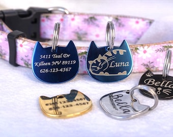 Gepersonaliseerde ID-tag voor kattenkop: roestvrij staal, halsband voor kleine huisdieren, kattenpenning, op maat gegraveerd kattennaamkaartje, kattenhalsbandtag, kattennaamkaartjes voor halsband