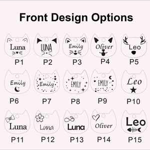 May include: A chart titled Front Design Options displaying fifteen cat-shaped pet tags labeled P1 through P15. Each tag features a unique black graphic design including names like Luna, Emily, Oliver, and Leo, paired with icons like hearts, stars, moons, and flowers.