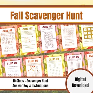 Puede incluir: Una búsqueda del tesoro de otoño imprimible con 10 pistas. Cada pista presenta un rompecabezas o acertijo diferente para resolver. Las pistas están diseñadas para ser utilizadas al aire libre y animan a los participantes a explorar su entorno. La impresión es perfecta para una actividad familiar o un juego en el aula.