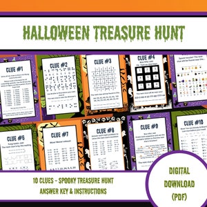 Puede incluir: Un juego de búsqueda del tesoro de Halloween imprimible con 10 pistas. Las pistas están en tarjetas coloridas con un tema espeluznante. Las tarjetas presentan rompecabezas, acertijos y laberintos. El juego está diseñado para niños y adultos.