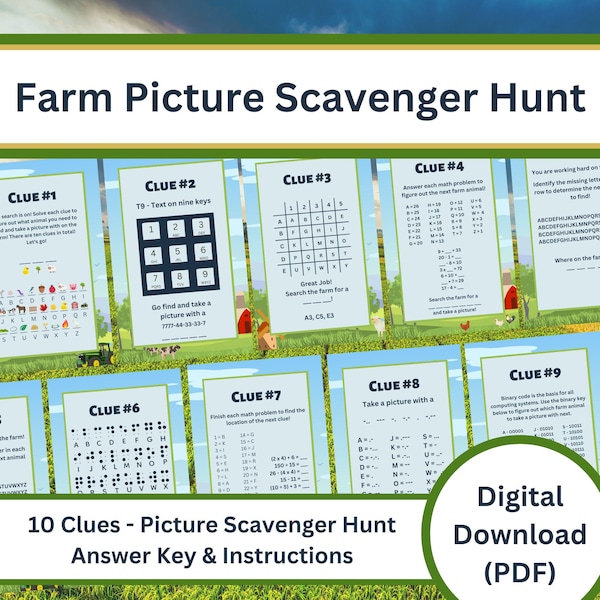 Farm Picture Scavenger Hunt With Clues and Ciphers - STEM Printable Summer Activity for kids - Farm Animal Game - Solve Puzzles and Riddles