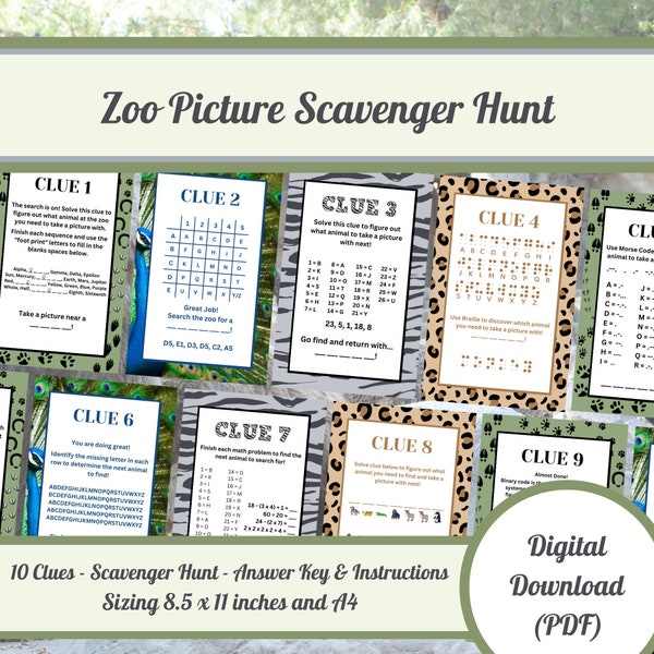 Zoo Picture Scavenger Hunt With Clues and Ciphers Summer - STEM Printable Zoo Activity for kids - Animal Treasure Hunt - Solve Puzzles