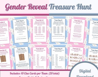 Könnte beinhalten: Ein Gender-Reveal-Schatzsuchspiel mit rosa und blauen Hinweiskarten. Die Karten enthalten Rätsel und Anweisungen für Teams. Der digitale Download enthält 20 Hinweiskarten, einen Antwortleitfaden und Anweisungen. Karten in 21 x 29.7 cm und A4 Größe.