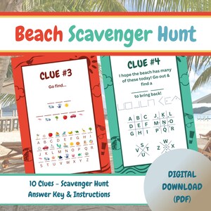 May include: A printable beach scavenger hunt game with 10 clues. The game includes an answer key and instructions. The game is designed for kids and families to enjoy a fun day at the beach.