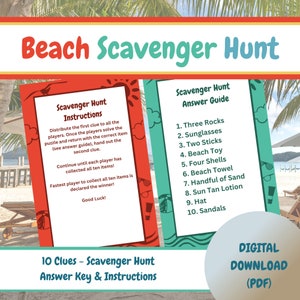 May include: A printable beach scavenger hunt game with instructions and an answer key. The game includes 10 clues for a beach-themed scavenger hunt.