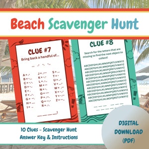 May include: A red and white printable scavenger hunt game for a beach themed party. The game includes 10 clues, an answer key, and instructions. The game is designed to be played by children and adults.