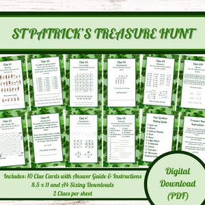 May include: Ten printable clue cards for a St. Patrick's Day treasure hunt. Each card features a different puzzle or riddle with a green shamrock background. The cards are 8.5 inches by 11 inches and include an answer guide and instructions.