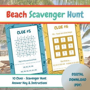May include: A printable beach scavenger hunt game with 10 clues. The game includes an answer key and instructions. The game is designed for kids and families to enjoy a fun outdoor activity.