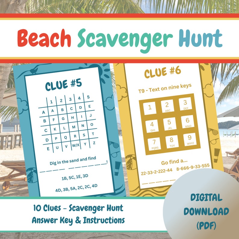 May include: A printable beach scavenger hunt game with 10 clues. The game includes an answer key and instructions. The game is designed for kids and families to enjoy a fun outdoor activity.