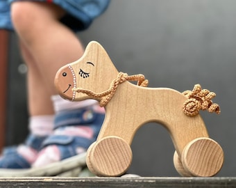 Brown horse pull for kids toys, Pull toy horse, Personalized wooden toy, Sensory toys Montessori, Educational toy for kids,