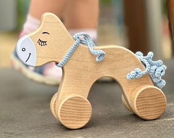 Pull toy horse, Personalized wooden toy, Montessori toys 2 years old, First communion, Outdoor toys for kids, Educational, 1st birthday gift