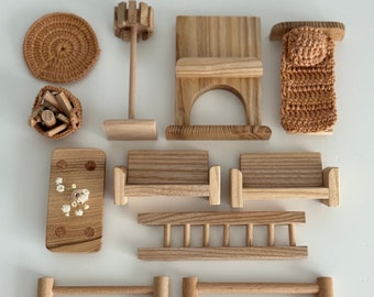 Wooden doll house furniture kit, Miniature houses,  Dollhouse furniture bed table lamp