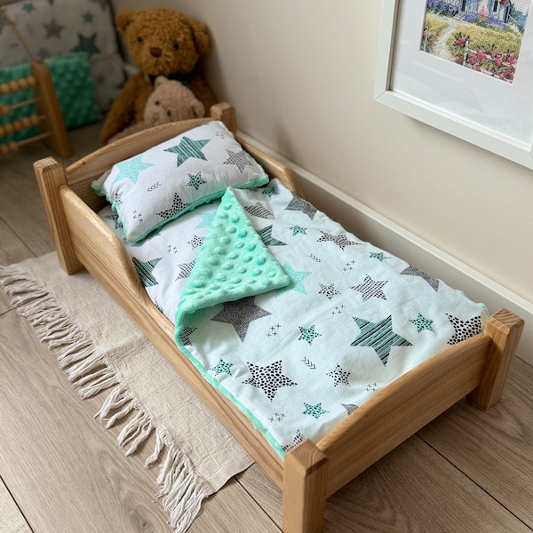 Doll bed for 18 inch wooden, Newborn props, Doll furniture, Bedding set for 12 inch doll bed, Wooden bed