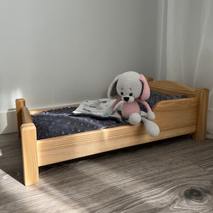 Doll bed furniture for 18 inch doll, Bedding set for doll, Wooden doll bed