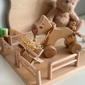 Handmade Birchwood Horse Stable: Montessori Farm Animal Playset