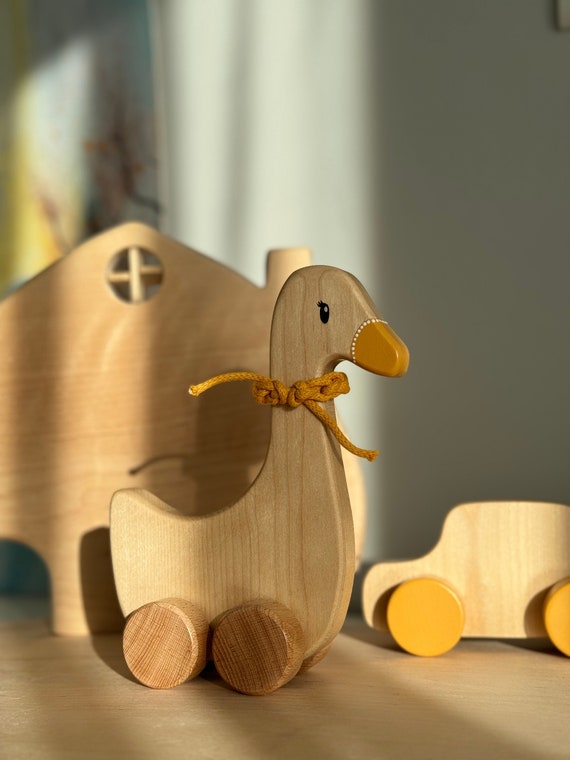 Pato de madera Juguete de madera movil Juguete de madera para empujar Juguete de madera para