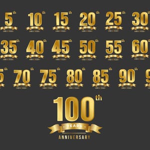Luxe SVG-bundel jubileumnummers | Gouden jaren 5-100 | Sjablonen bruiloft zakelijke vieringen | Glanzende cijfers met linten