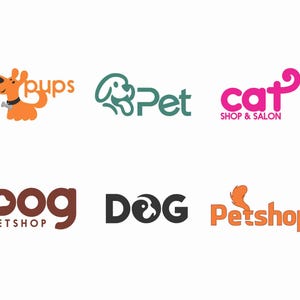 Könnte beinhalten: Eine Sammlung farbenfroher Logos für Tierhandlungen. Die Logos zeigen Illustrationen von Hunden und Katzen mit Texten wie "Pups", "Pet", "Cat Shop & Salon", "Dog Petshop" und "Petshop". Die Designs verwenden Orange, Grün, Pink, Braun und Schwarz.