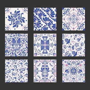 May include: Nine square tiles with a white background and blue and pink floral patterns. The tiles have a traditional design.