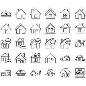 Ensemble d'icônes de l'immobilier | Symboles noirs de la maison blanche | Icônes de propriété de contour pour Cricut et Silhouette | Téléchargement instantané SVG, DXF, CDR