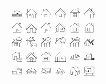 Real Estate Icon Set: Black & White House Outline Symbols (SVG, DXF, CDR)