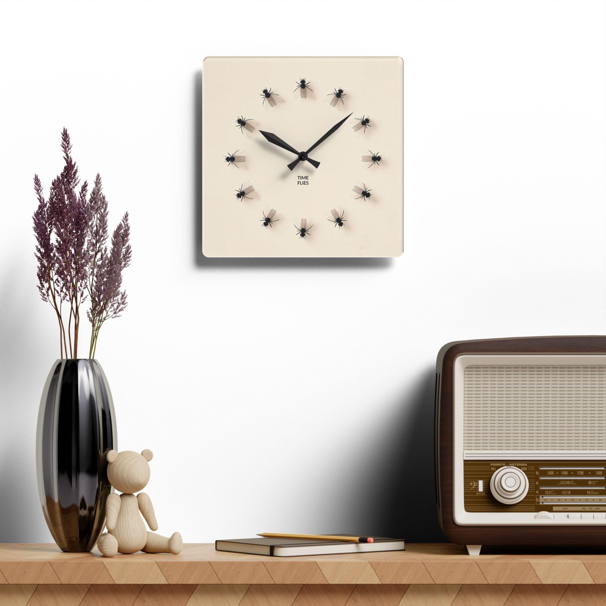 Stick Insect Clock Time Flies Insect Motif Acrylic Wall Clock | Flying Flies Timepiece - Etsy
