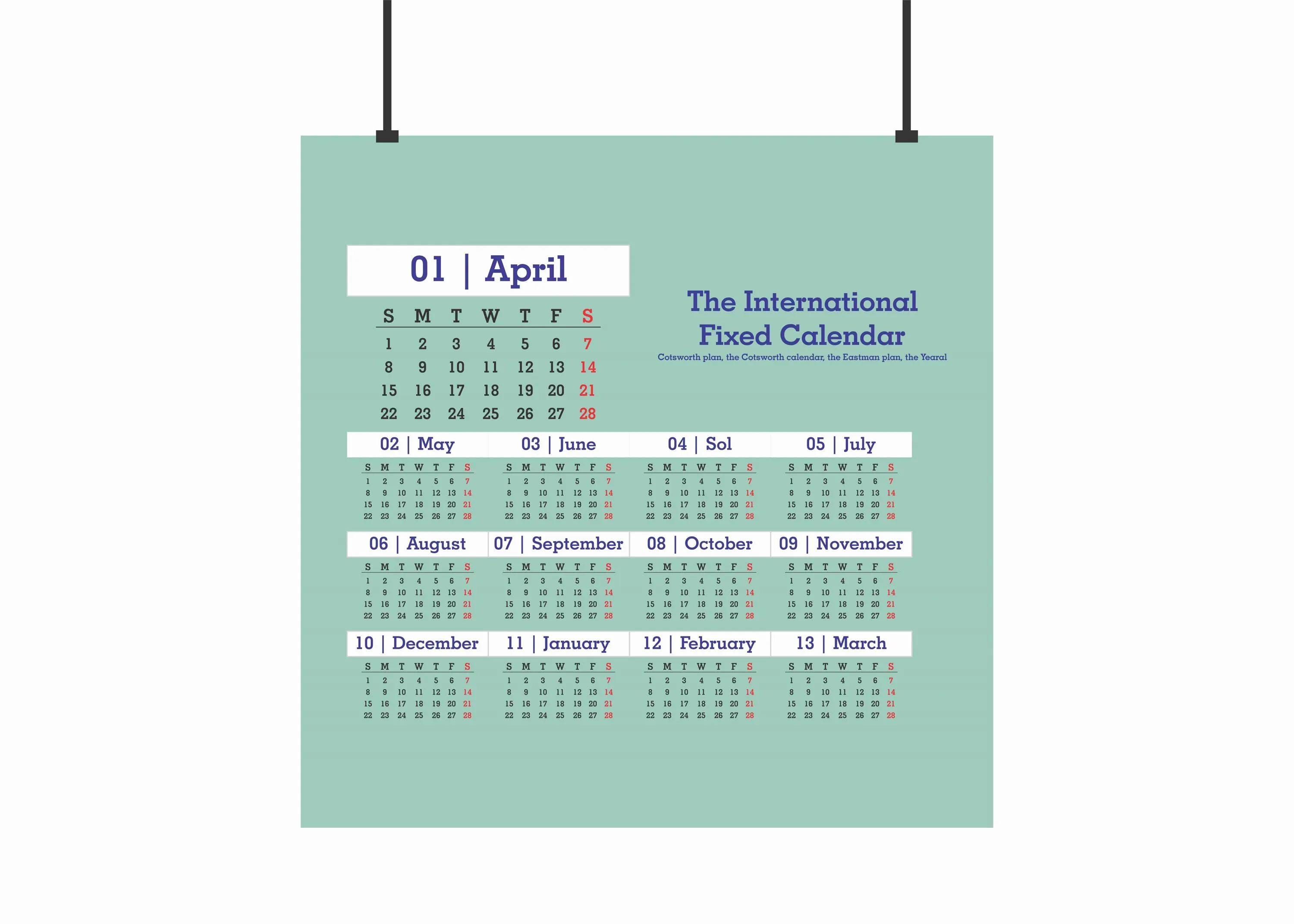 13-months Wall Calendar Poster: April-march, 24x32 Satin Fine Art