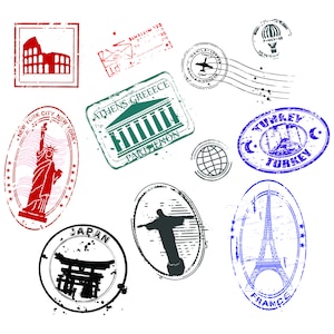 Paquete SVG de sellos de pasaporte / Iconos de viajes postales de visa / Archivos de corte vectoriales para Cricut Silhouette / Descarga digital de manualidades DIY