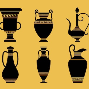 Puede incluir: Seis ilustraciones en silueta negra de cerámica griega antigua sobre un fondo amarillo. La cerámica incluye jarrones, jarras y una jarra de agua, cada una con patrones decorativos y asas. Los diseños recuerdan al arte clásico.