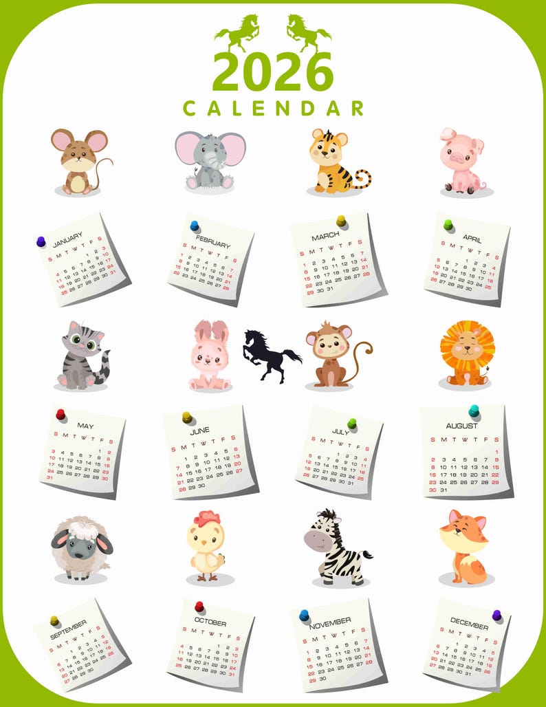 2026 Calendar for Kids | Cute Cartoon Animal Calendar | Year of the ...